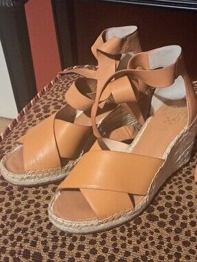 Vince Camuto Tan Leather Espadrille Wedge Sandals with Ankle Wrap